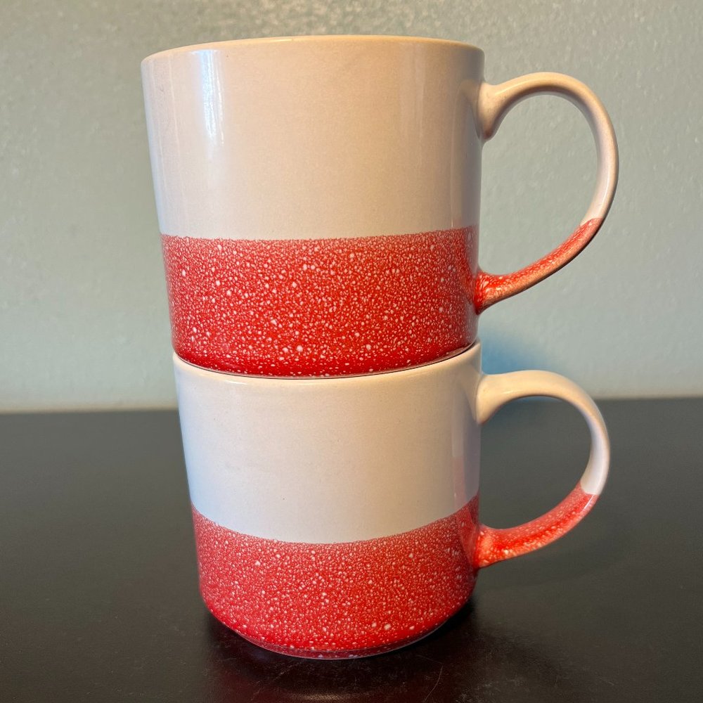 OVER AND BACK White Red Splatter Stackable Stoneware Coffee Mugs Set of 2 Cups